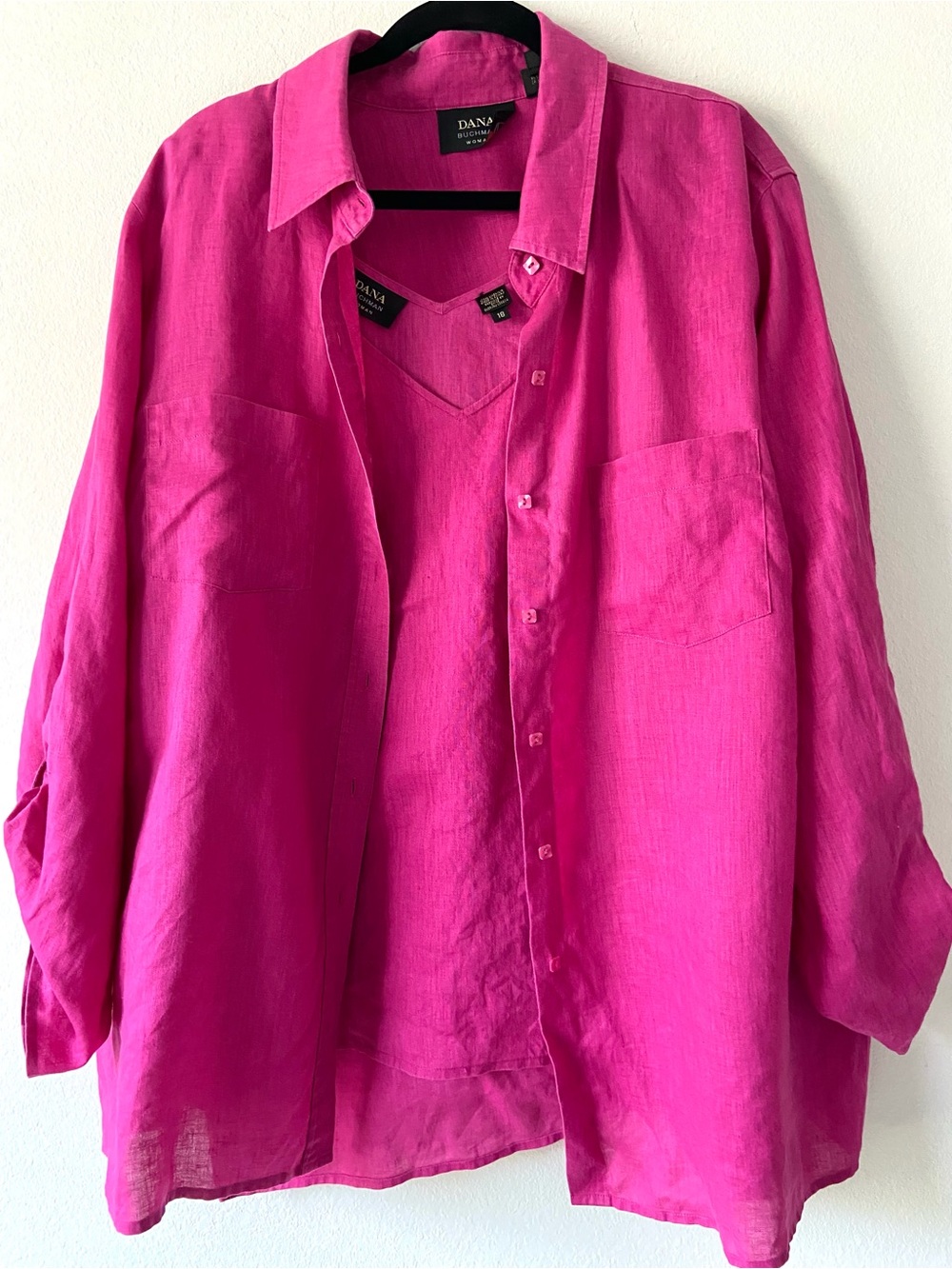Dana Buchman 2 Piece 100% Linen Shirt & Tank Set Pink Fuchsia Plus Size 20/18